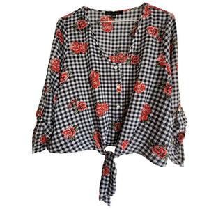 HP KAII Los Angeles, Tie Front Blouse Gingham Pattern 3/4 Cuffed Sleeve Blouse‎